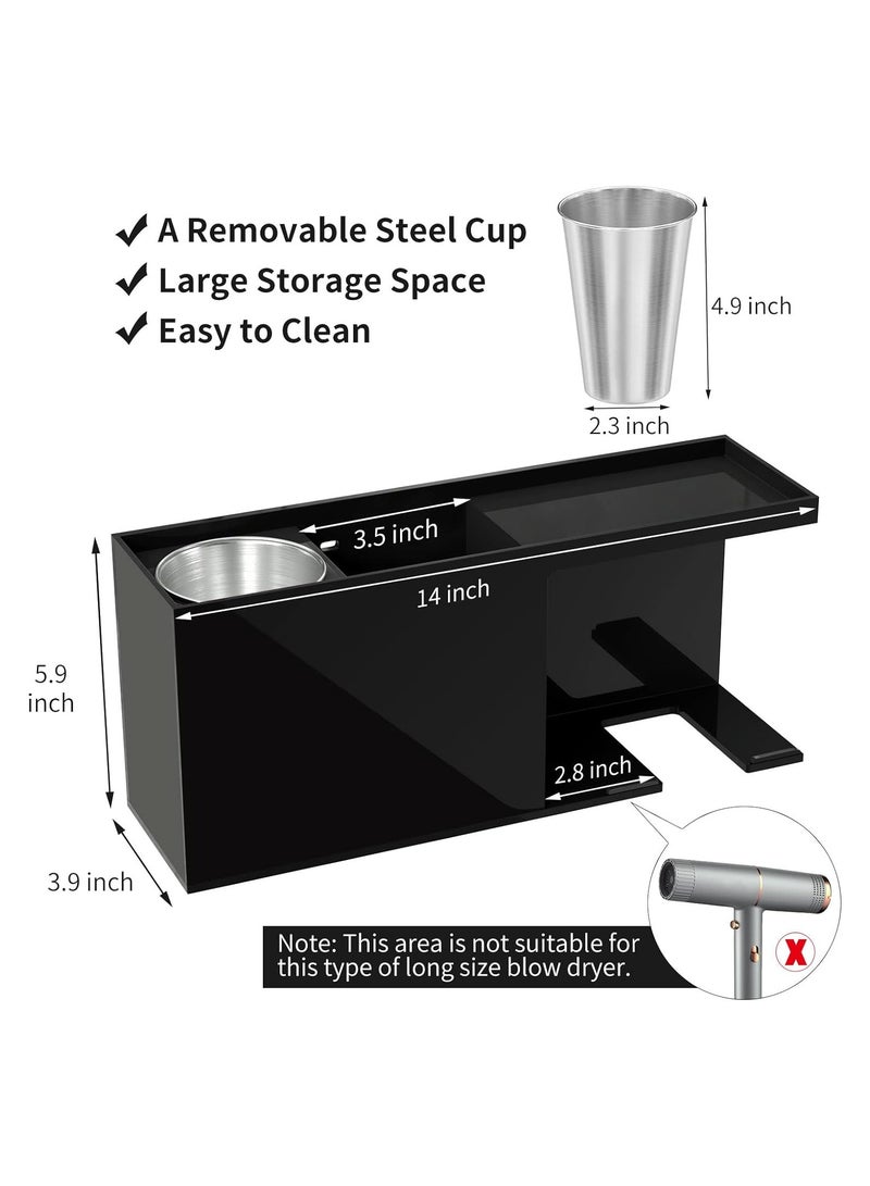 Eworld Black Acrylic Wall-Mounted Hair Tools Organizer, with 4 Compartments, Removable Steel Cup and Hanging Space for Blow Dryer for Vanity, Bathroom, Toiletries and Makeup Storage - Image 2
