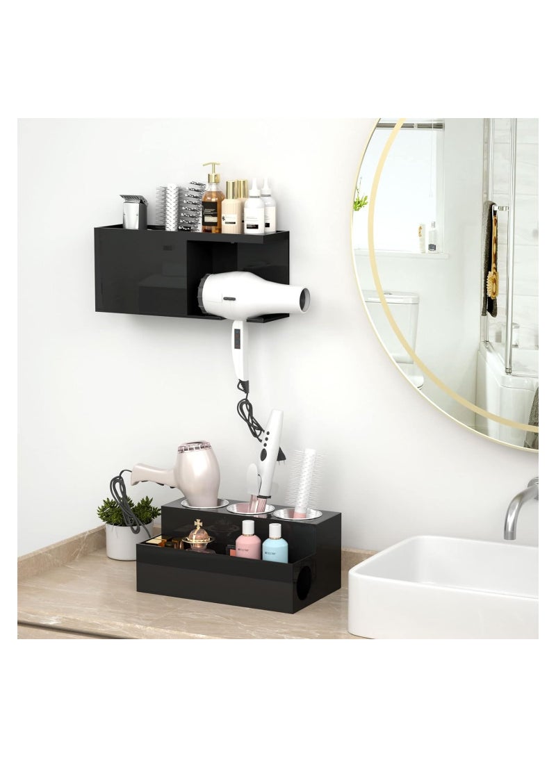 Eworld Black Acrylic Wall-Mounted Hair Tools Organizer, with 4 Compartments, Removable Steel Cup and Hanging Space for Blow Dryer for Vanity, Bathroom, Toiletries and Makeup Storage - Image 4