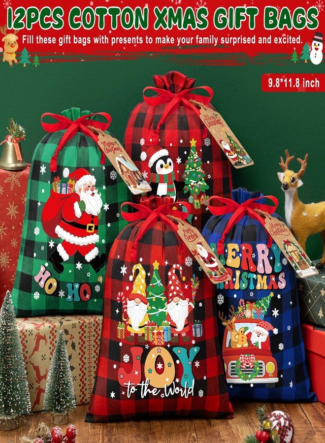 FLOE 12 PCS Burlap Christmas Drawstring Gift Bags, 10x12in Buffalo Plaid Xmas Gift Bags w/ Tags, Cotton Fabric Goody Gift Treat Bags Xmas Sacks Medium Reusable Gift Wrapping Bags for Holiday Party Favors - Image 4