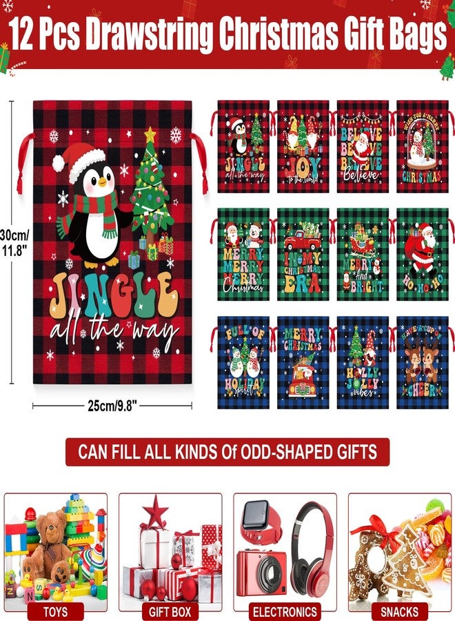FLOE 12 PCS Burlap Christmas Drawstring Gift Bags, 10x12in Buffalo Plaid Xmas Gift Bags w/ Tags, Cotton Fabric Goody Gift Treat Bags Xmas Sacks Medium Reusable Gift Wrapping Bags for Holiday Party Favors - Image 2