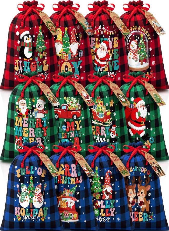 FLOE 12 PCS Burlap Christmas Drawstring Gift Bags, 10x12in Buffalo Plaid Xmas Gift Bags w/ Tags, Cotton Fabric Goody Gift Treat Bags Xmas Sacks Medium Reusable Gift Wrapping Bags for Holiday Party Favors - Image 1