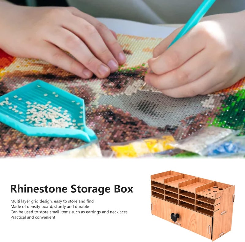 Rhinestone Storage Box, Wooden Multi Layers Rhinestone Painting Storage Tray Grids Drill Bit Holder with Drawer for Rhine Stones Earrings Necklaces - Image 2