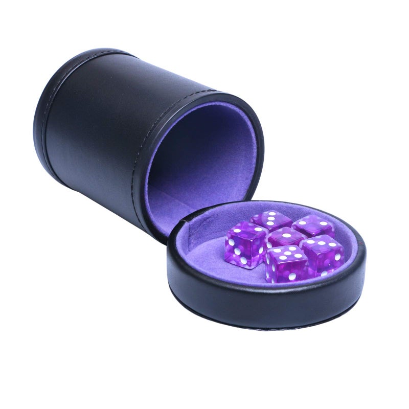 RERIVER PU Leather Dice Cup with Lid Purple Velvet Interior Quiet Dice Shaker Cup Including 6 Purple Translucent Dice for Liars Dice Farkle Yahtzee Games 1 Pack - Image 3