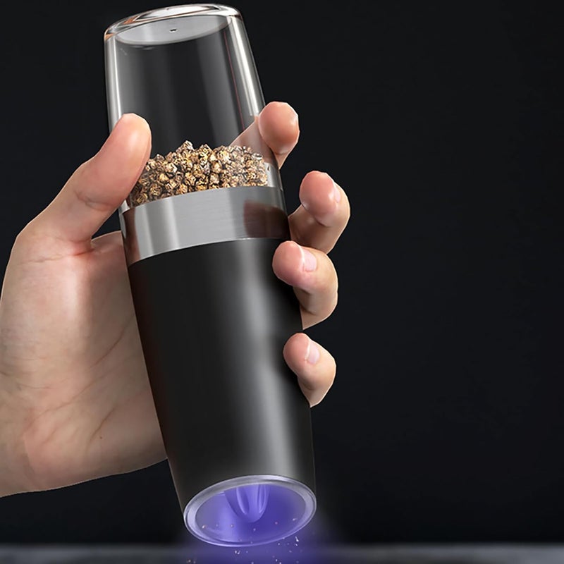 مطحنة الفلفل والملح الكهربائية من PEIPU، مطحنة التوابل، خشونة قابلة للتعديل، مع ضوء LED، تشغيل تلقائي بيد واحدة، من الفولاذ المقاوم للصدأ (أسود، 2 قطعة) - Image 3