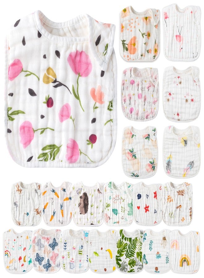 Zainpe Muslin Cotton Baby Bibs - 20Pcs Snap Baby Bib Flower Star Flamingo Pattern Infants Drooling, Soft Absorbent Adjustable Burp Cloths for Newborns Girl Toddlers Feeding Teething Eating 0-36 Months - Image 1