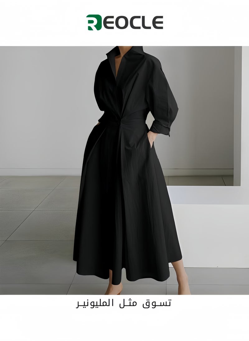 REOCLE Dress Elegant Women Spring Autumn Sundress Lapel Neck Long Sleeve Solid Long Shirt Dress - Image 1