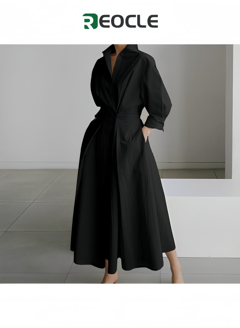 REOCLE Dress Elegant Women Spring Autumn Sundress Lapel Neck Long Sleeve Solid Long Shirt Dress - Image 2