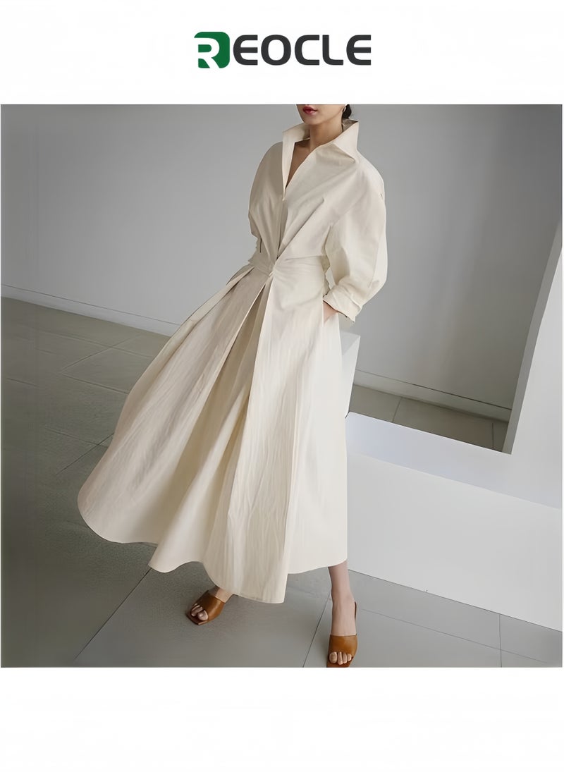 REOCLE Dress Elegant Women Spring Autumn Sundress Lapel Neck Long Sleeve Solid Long Shirt Dress - Image 4