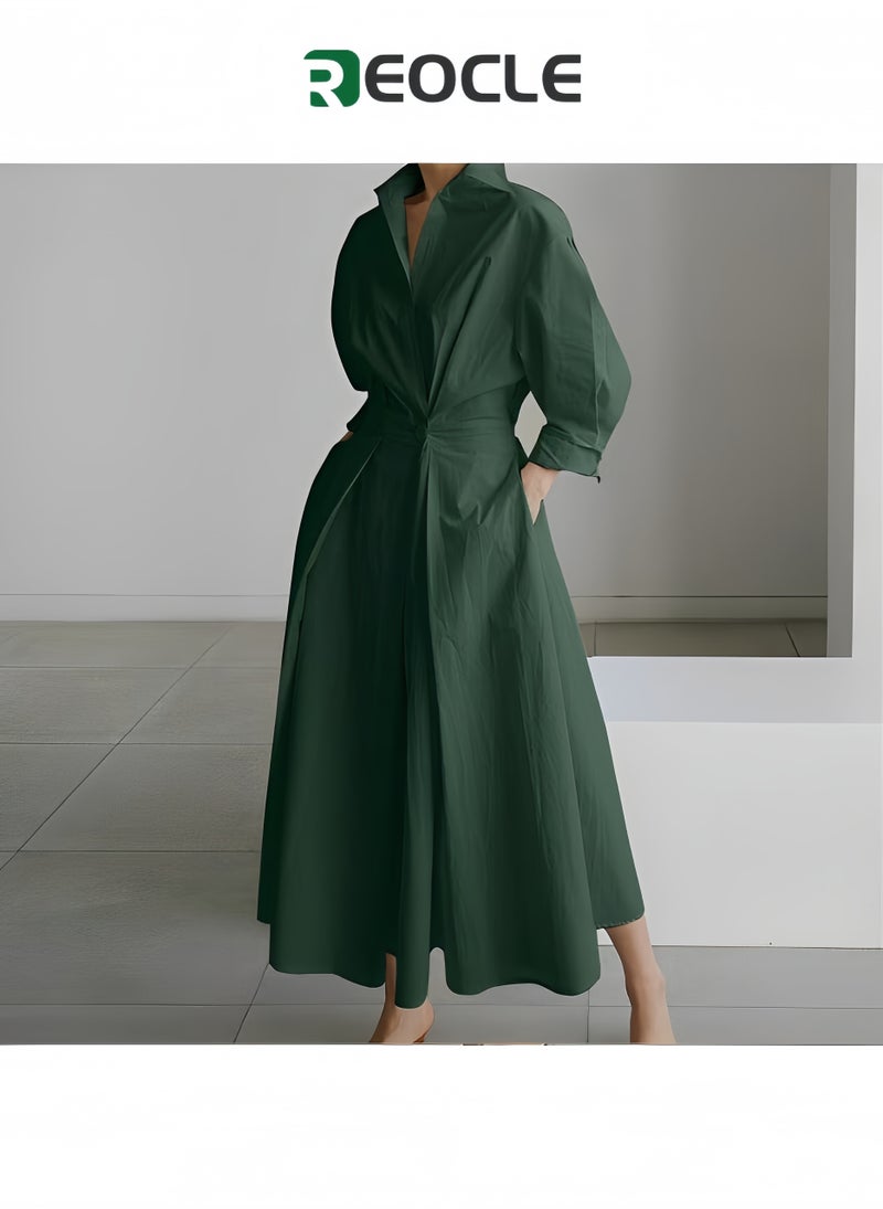 REOCLE Dress Elegant Women Spring Autumn Sundress Lapel Neck Long Sleeve Solid Long Shirt Dress - Image 5