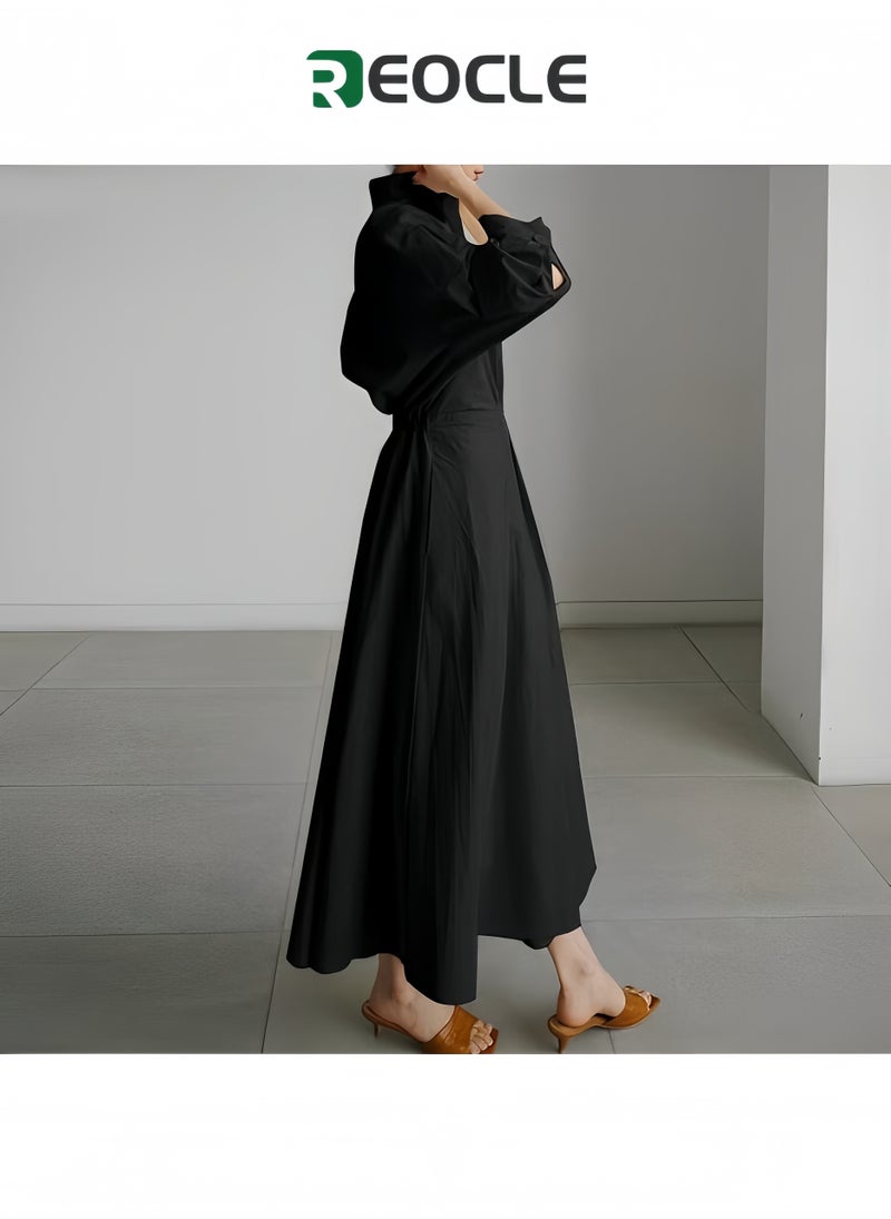 REOCLE Dress Elegant Women Spring Autumn Sundress Lapel Neck Long Sleeve Solid Long Shirt Dress - Image 3
