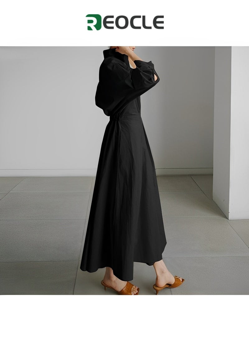 REOCLE - Dress Elegant Women Spring Autumn Sundress Lapel Neck Long Sleeve Solid Long Shirt Dress - Image 1