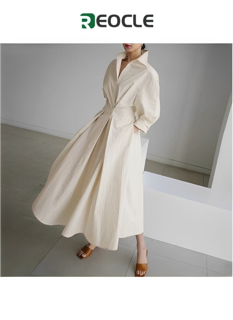 REOCLE - Dress Elegant Women Spring Autumn Sundress Lapel Neck Long Sleeve Solid Long Shirt Dress - Image 1