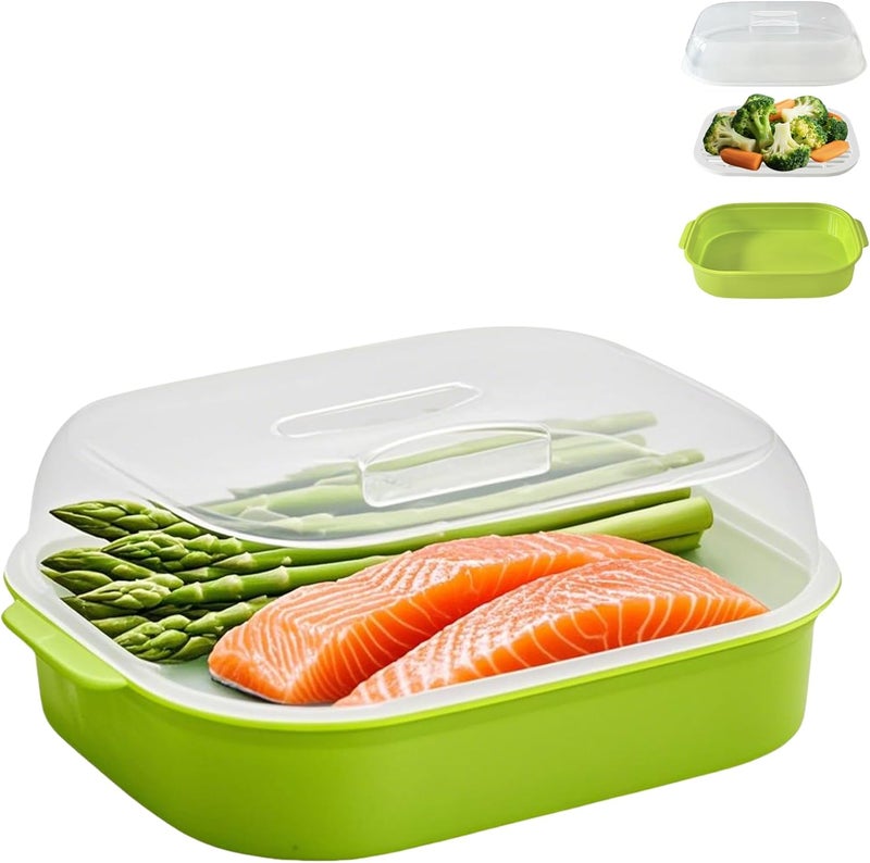 Bigwinyep Microwave Steamer for Vegetables, Plastic Microwave Vegetable Steamer with Lid for Vegetables Prep Seafood Fish Cooking, Green-Rectangle, 10.6Inch - Image 1