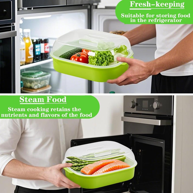 Bigwinyep Microwave Steamer for Vegetables, Plastic Microwave Vegetable Steamer with Lid for Vegetables Prep Seafood Fish Cooking, Green-Rectangle, 10.6Inch - Image 5