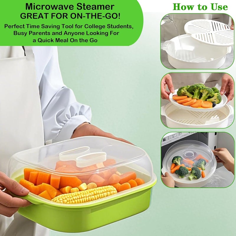 Bigwinyep Microwave Steamer for Vegetables, Plastic Microwave Vegetable Steamer with Lid for Vegetables Prep Seafood Fish Cooking, Green-Rectangle, 10.6Inch - Image 3