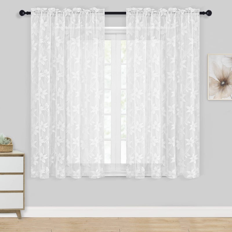 DWCN DWCN White Floral Lace Sheer Curtains  Rod Pocket Window Voile Sheer Drapes for Bedroom Kitchen Short Curtains 52 x 45 inch Length Set of 2 Curtain Panels
