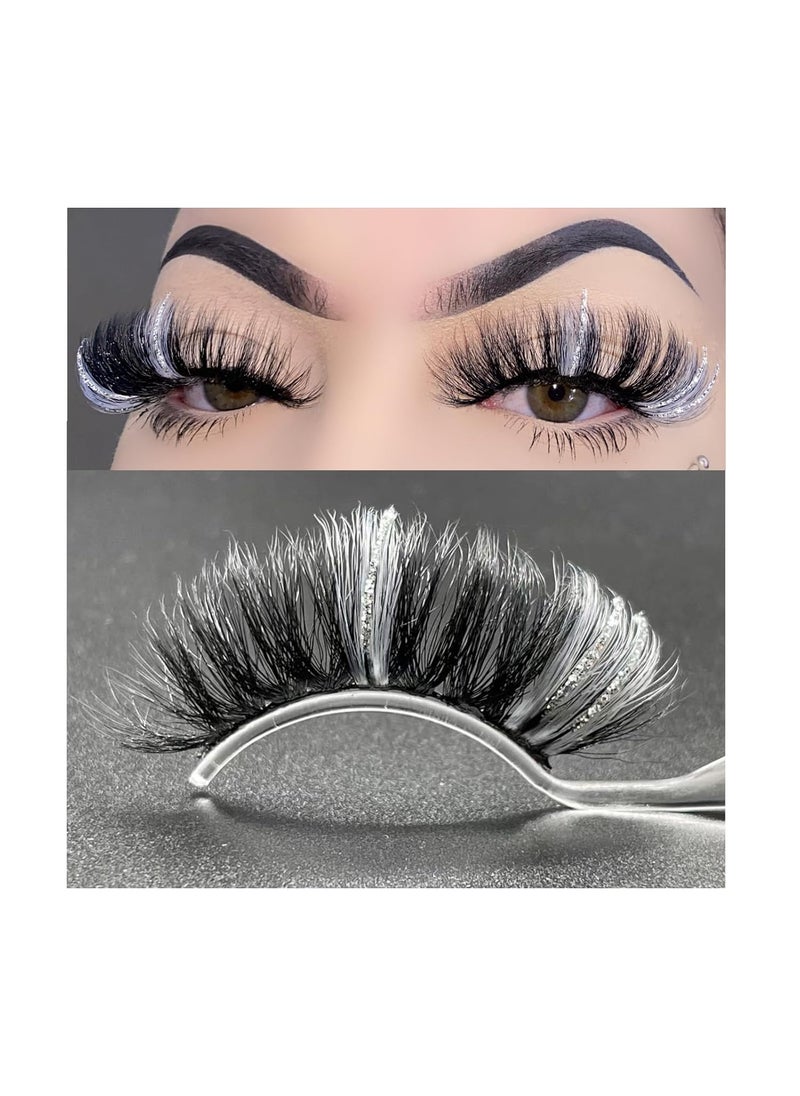 Miss Kiss Miss Kiss 1 Pair Lashes with Color White Silver Glitter Manga False Eyelash Dramatic Sparkly Highlight Lash Fluffy Faux Mink Fake Fairy Lashes 18 MM 