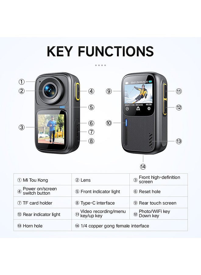 4K/30FPS Sports Camera WiFi Camera Dual Screen 6-Axis Anti-Shake Touch Control APP Remote Control with Waterproof Housing Underwater 30M Video Pre Recording Built-in Battery for Surfing Diving