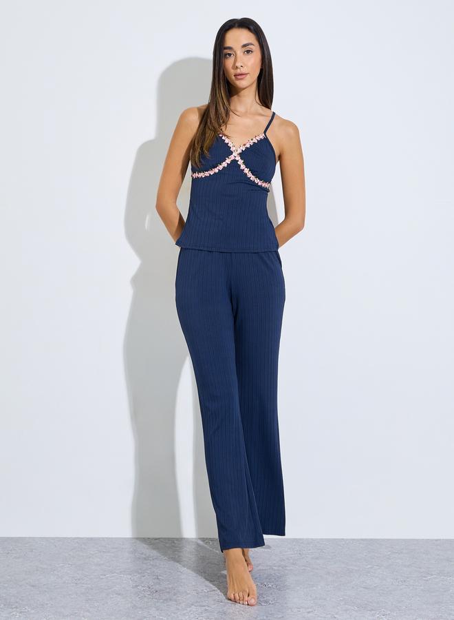 Styli Navy Blue Rib Floral Embroidered Lace Detail Cami and Pyjama Set - Image 2