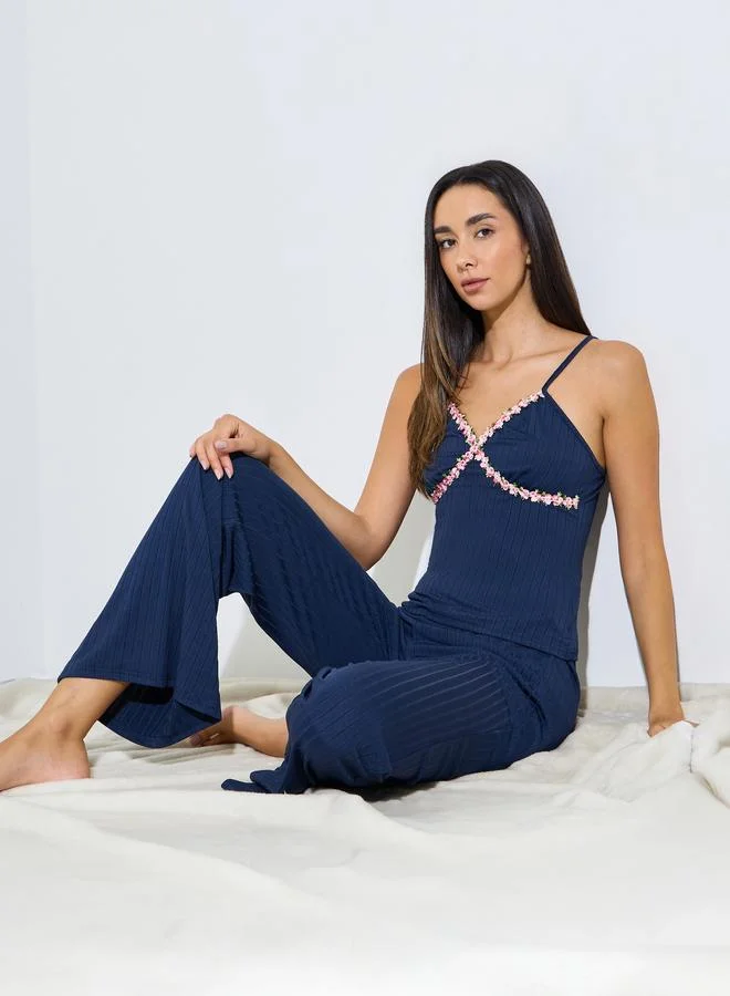 Styli Navy Blue Rib Floral Embroidered Lace Detail Cami and Pyjama Set