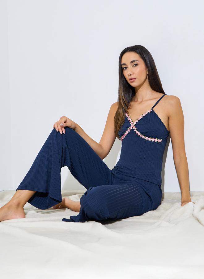 Styli Navy Blue Rib Floral Embroidered Lace Detail Cami and Pyjama Set - Image 1