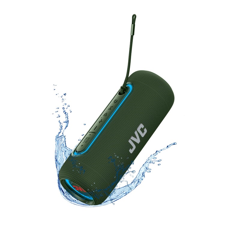 JVC مكبر صوت محمول لاسلكي مضاء من JVC بقوة 20 واط مع صوت ديناميكي وبلوتوث 50 وقدرة TWS ومنفذ USBC ومقاومة للماء IPX5 ومدخل AUX مع عمر بطارية يصل إلى 5 ساعات SPPA5BTG أخضر