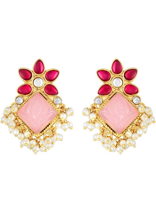 Aheli Elegant Wedding Party Festive Designer Faux Stone Encrusted Big Stud Earrings Indian Ethnic Fashion Jewelry For Women Girls  - Image 1