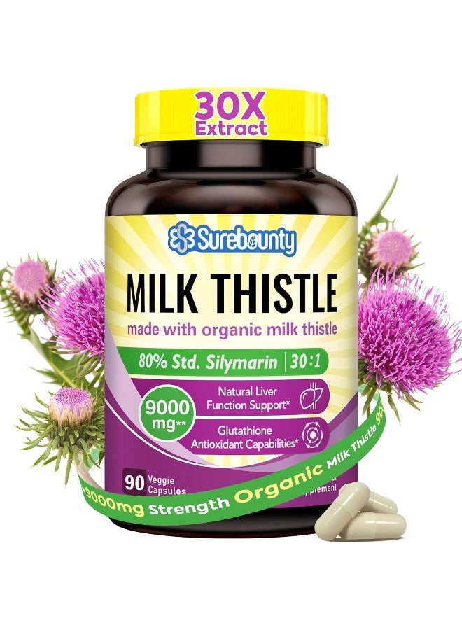 Surebounty Organic Milk Thistle, 9000 mg Equivalent, 30X Concentrated Seed Extract with 80% Silymarin, Liver Cleanse Detox for Men + Women, Once Daily, 90 Veggie Caps - Image 1