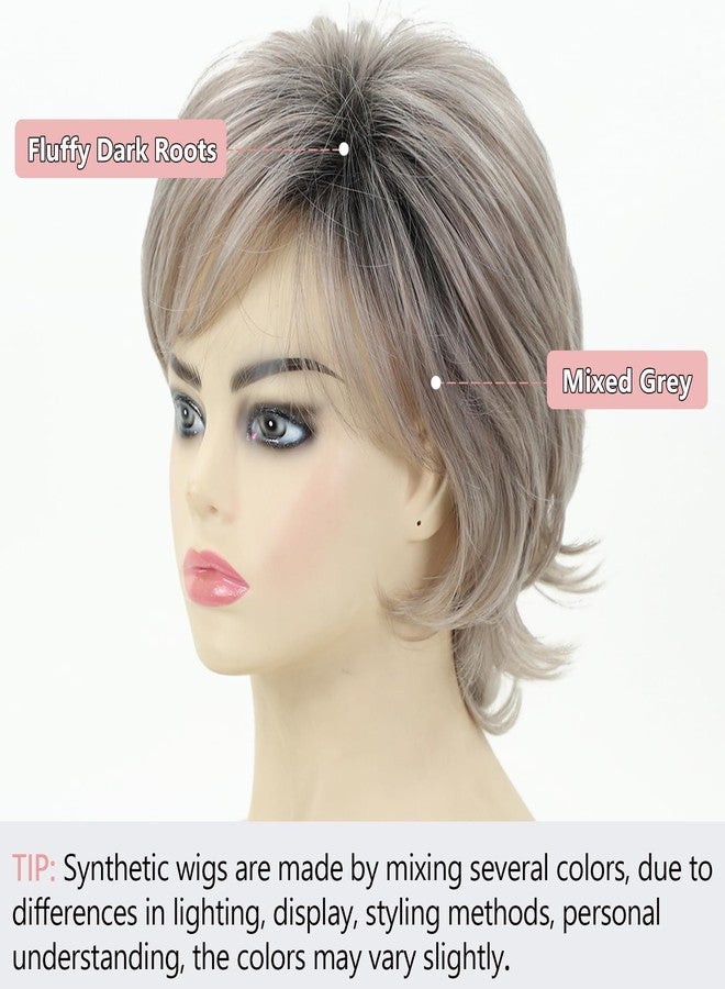 TISHINING Pixie Cut Short Ombre Gray Curly Wigs for White Women Fluffy Layered Mixed Grey Wig with Bangs Natural Looking Synthetic Daily Party Wig - Image 5