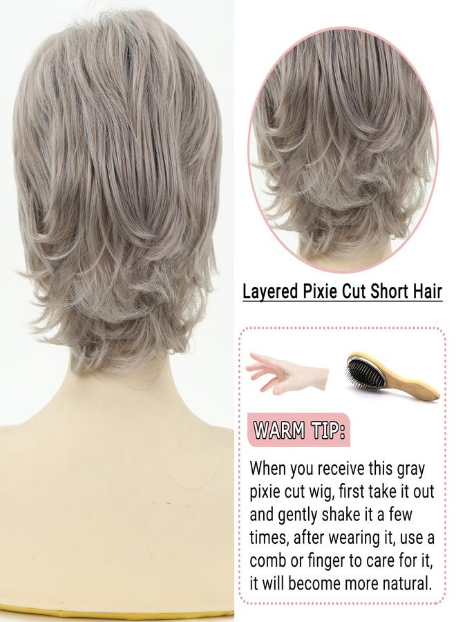 TISHINING Pixie Cut Short Ombre Gray Curly Wigs for White Women Fluffy Layered Mixed Grey Wig with Bangs Natural Looking Synthetic Daily Party Wig - Image 4