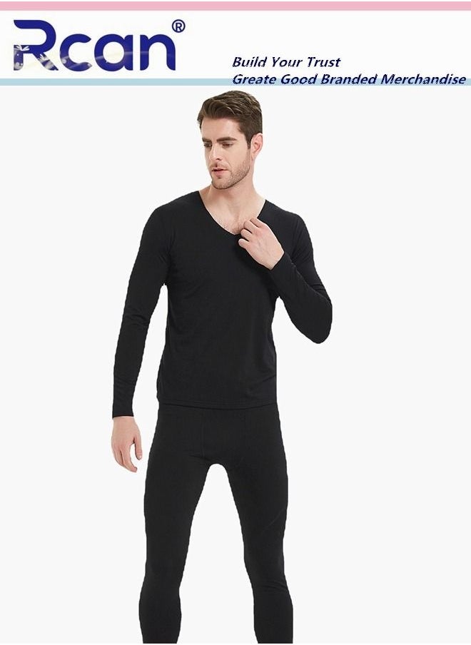 Rcan - 2 Piece Men's Thermal Underwear Set Quick Drying V Neck Winter Lightweight Slim Fitting Long Sleeved T-Shirt and Long Pants Basic Layer Bottoming Shirt Set Plus Size - Image 1