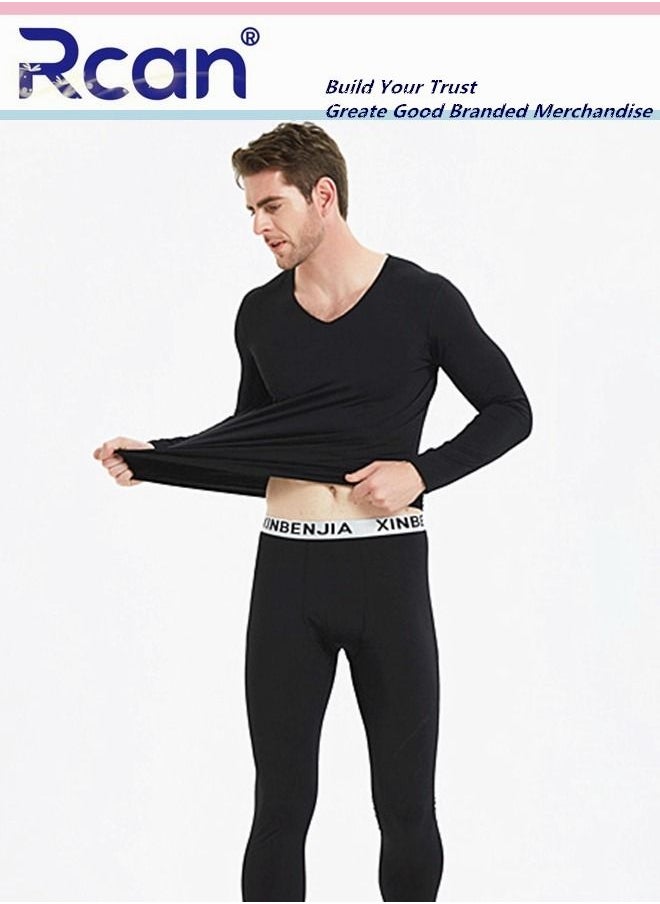 Rcan - 2 Piece Men's Thermal Underwear Set Quick Drying V Neck Winter Lightweight Slim Fitting Long Sleeved T-Shirt and Long Pants Basic Layer Bottoming Shirt Set Plus Size - Image 1
