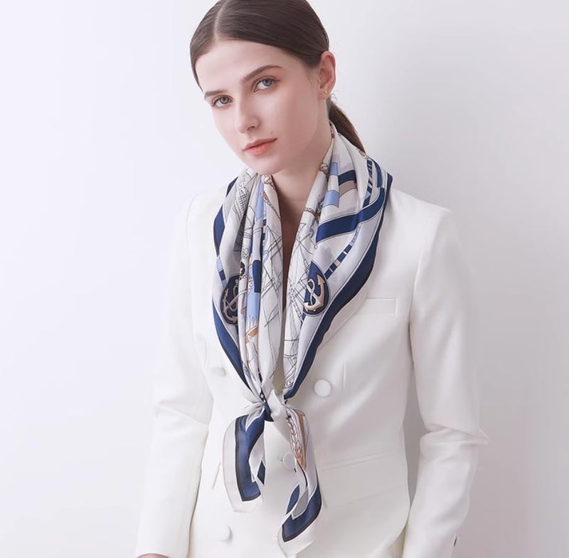 MEISEE 100% Pure Mulberry Silk Scarf 43â€*43â€ Large Square Lightweight Headscarf Womenâ€™s Hair Wraps Shawls with Gift Packed (White Sailboat) - Image 2