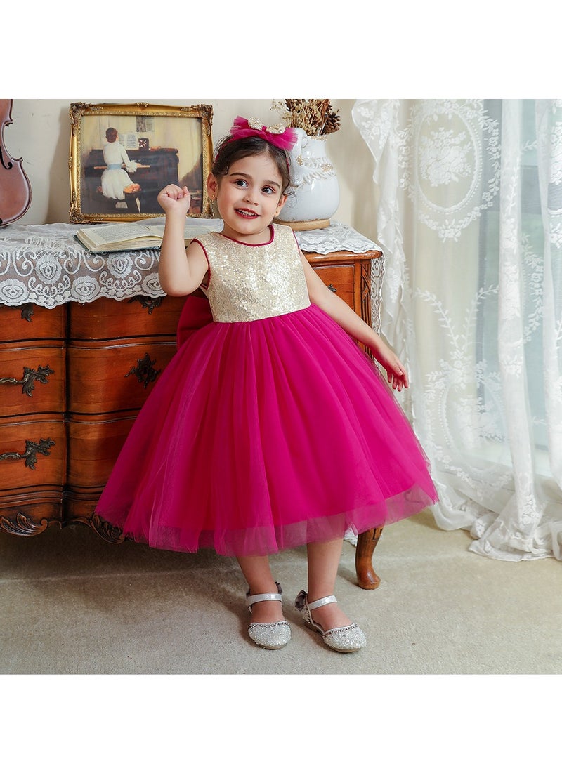 1-2Y Toddler Girl Princess Dress, Sequin Bodice, Layered Tulle Skirt with Matching Headwear and Giant Back Bow, Summer Birthday Wedding Party Pageant Gown, Fit for 90cm Height  - Image 1