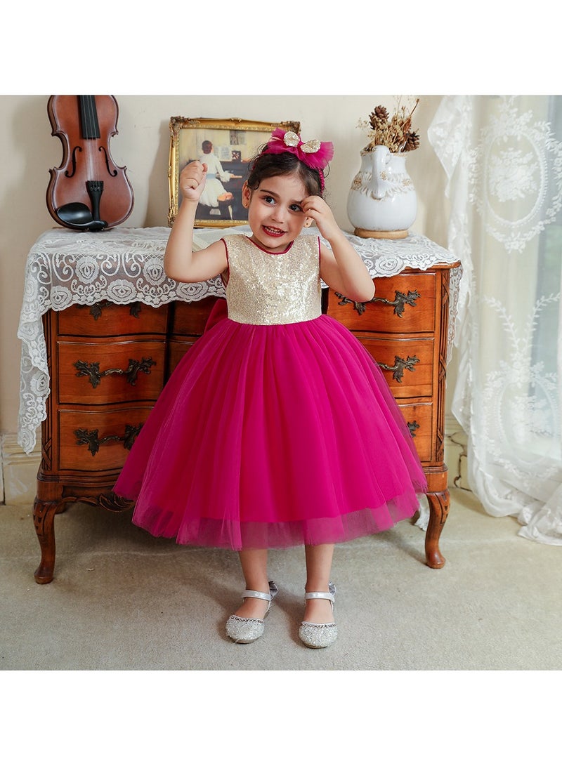 1-2Y Toddler Girl Princess Dress, Sequin Bodice, Layered Tulle Skirt with Matching Headwear and Giant Back Bow, Summer Birthday Wedding Party Pageant Gown, Fit for 90cm Height  - Image 3