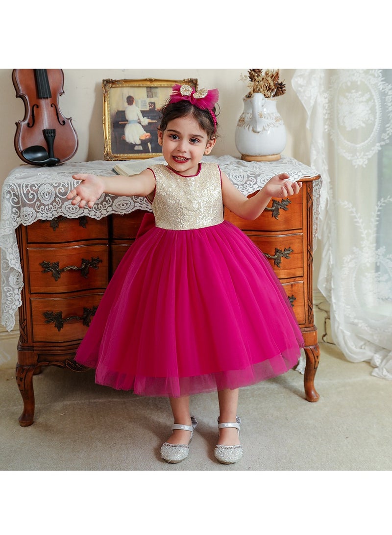 1-2Y Toddler Girl Princess Dress, Sequin Bodice, Layered Tulle Skirt with Matching Headwear and Giant Back Bow, Summer Birthday Wedding Party Pageant Gown, Fit for 90cm Height  - Image 2