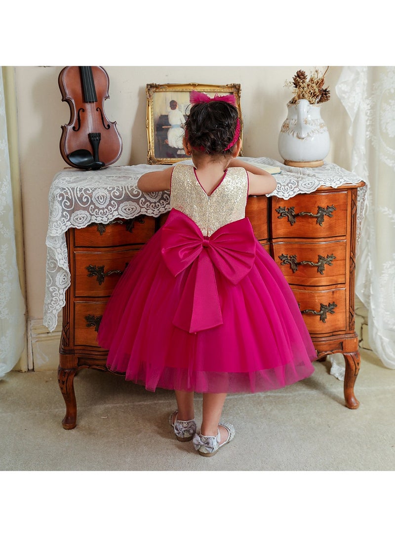 1-2Y Toddler Girl Princess Dress, Sequin Bodice, Layered Tulle Skirt with Matching Headwear and Giant Back Bow, Summer Birthday Wedding Party Pageant Gown, Fit for 90cm Height  - Image 4