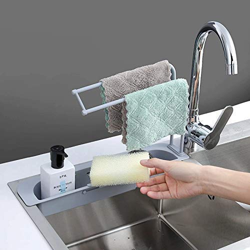 Vroxy Vroxy Plastic Expandable Kitchen Telescopic Sink Sponge Brush Soap Drying Basket Rack with Towel Bar Multicolour - Image 2