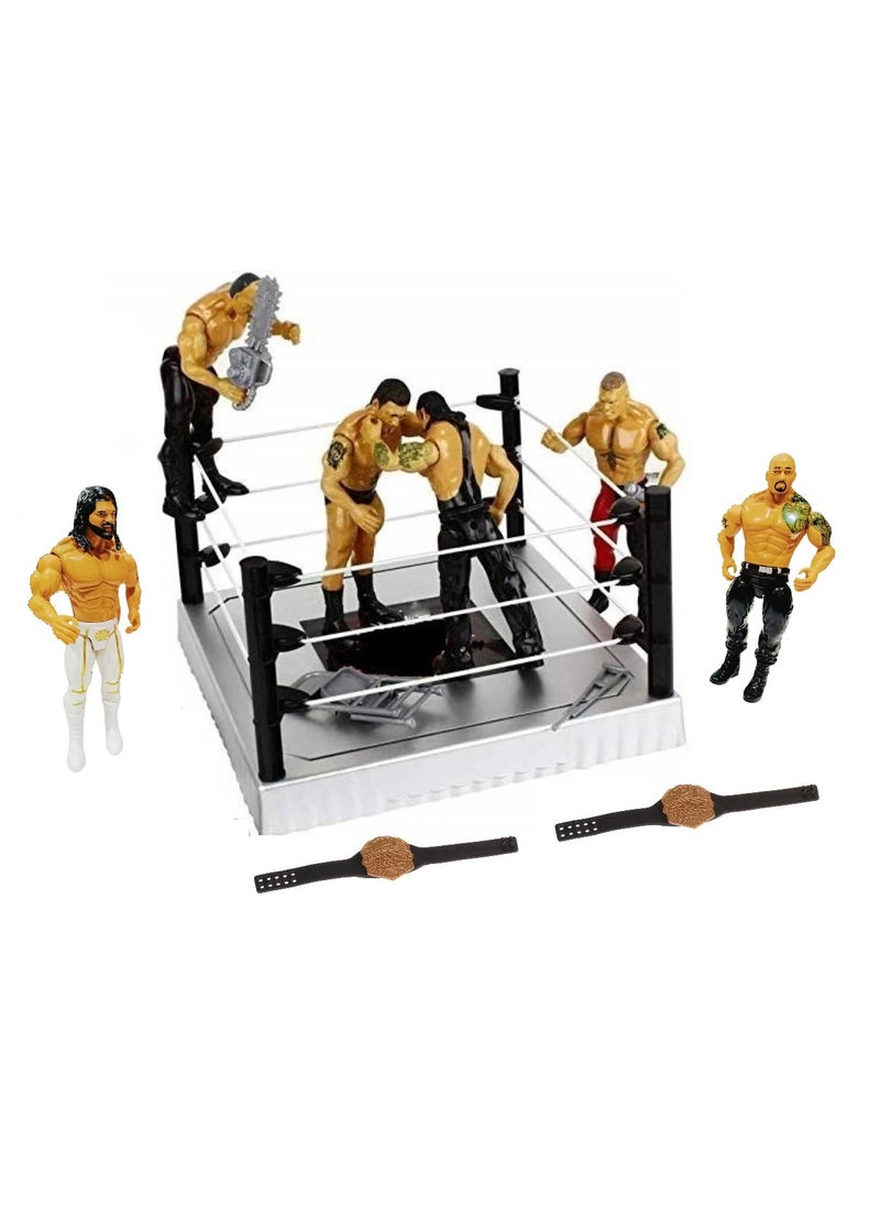 Wrestling 6-Piece Figures Random Wrestlers Characters And A Ring With Equipments  - Image 1