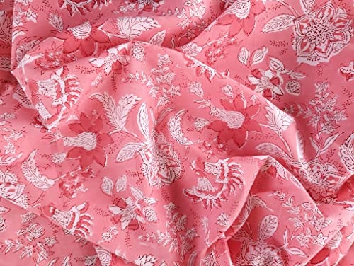 AVKA Studio Hand Block Print Fabric by The Yard - PRECUT 3 Yard 42 Inch Width - 100% Cotton Material - Pink Floral Pattern - Light Weight Indian Cloth for Making Summer Dress Tops Indian Fabric etc - Image 2