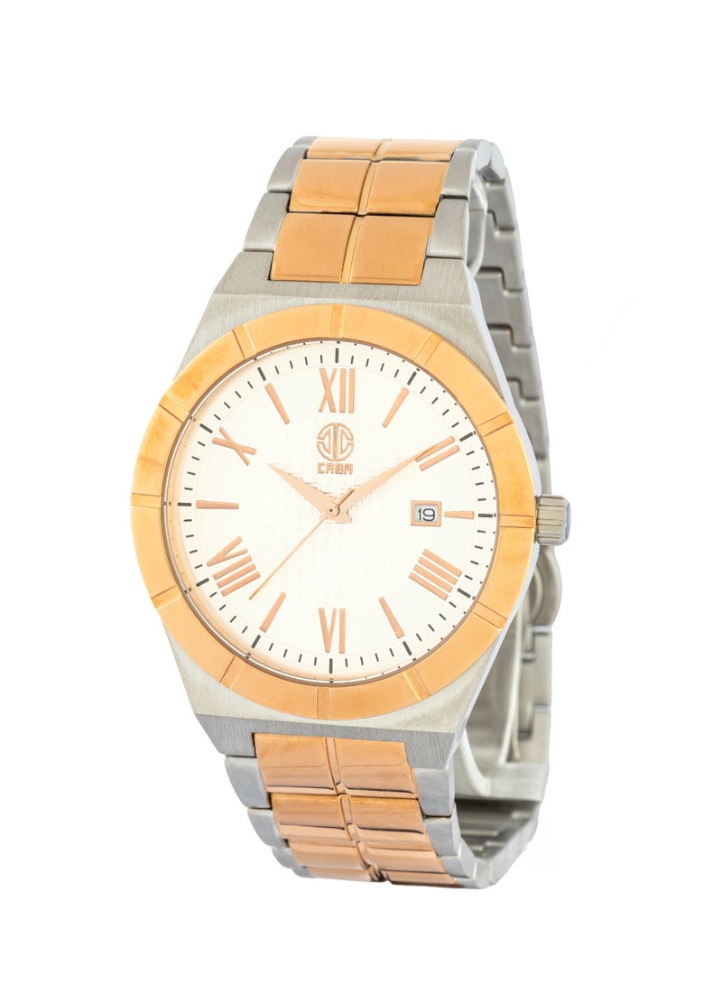 Caba Men's Watch, Elegant Design, Date Display, Roman Numbers, White Dial, Water Resistant And Rust Resistant, Stainless Steel, Silver&Copper - 3106890M-2 - Image 1