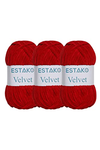 Estako Velvet (3- Skeins Pack) Chenille Blanket amigurumi Yarn for Crocheting and Knitting Super Bulky 3x100 gr (3x132 yds) (1510 - Red) - Image 1
