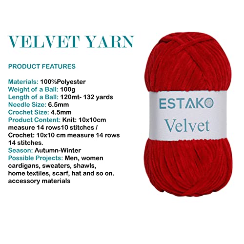 Estako Velvet (3- Skeins Pack) Chenille Blanket amigurumi Yarn for Crocheting and Knitting Super Bulky 3x100 gr (3x132 yds) (1510 - Red) - Image 2