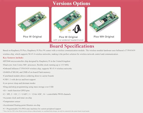 Waveshare Pre-Soldered Header Raspberry Pi Pico W, Built-in WiFi Support 2.4 GHZ Wi-Fi 4, Based on Official RP2040 Dual-Core Processor,Dual-core Arm Cortex M0+ Processor，Comes with Pico W Board and Case - Image 4