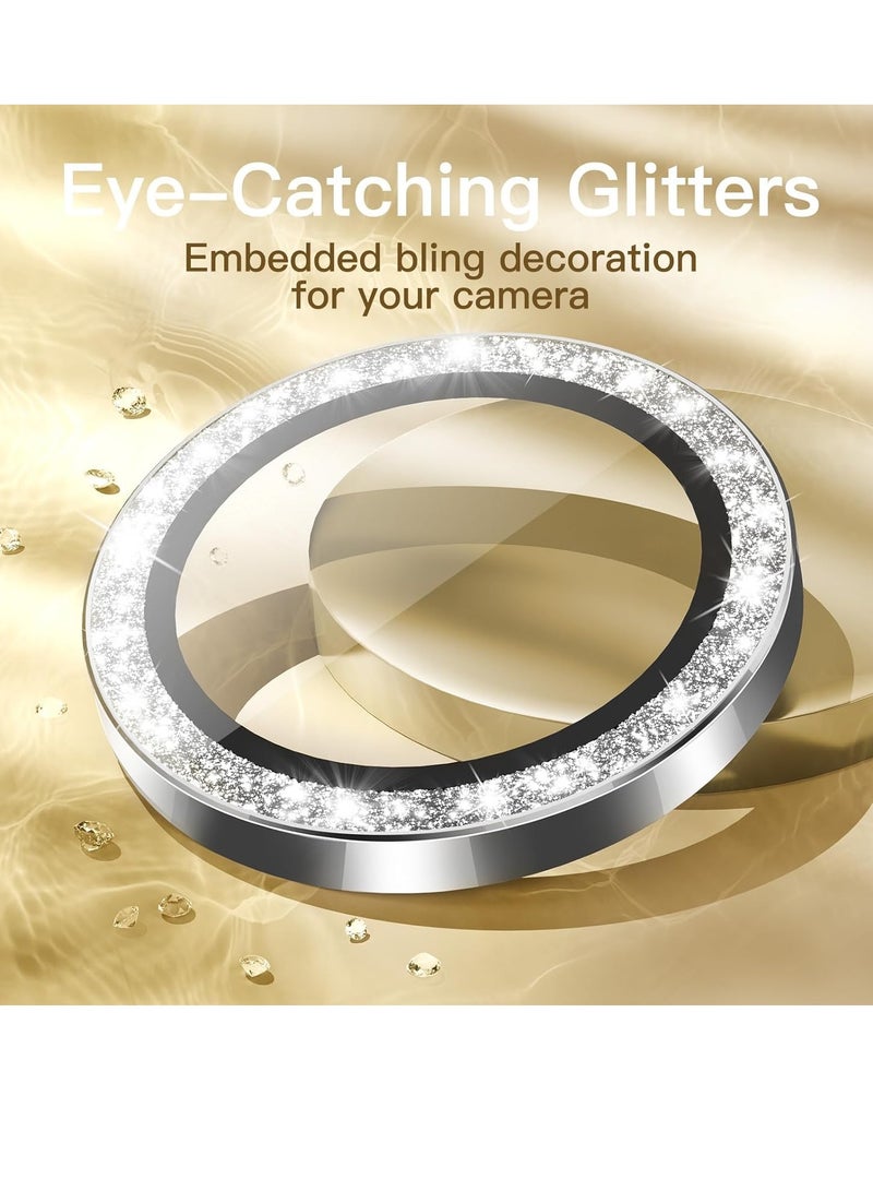 إلترازون Camera Lens Protector for iPhone 15 Pro 6.1-Inch and iPhone 15 Pro Max 6.7-Inch, Bling Glitter Individual 9H Tempered Glass Metal Ring Cover, HD Clear, 3-Pack (White Titanium) - Image 2