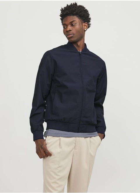Solid Bomber Jacket with Ribbed Cuff