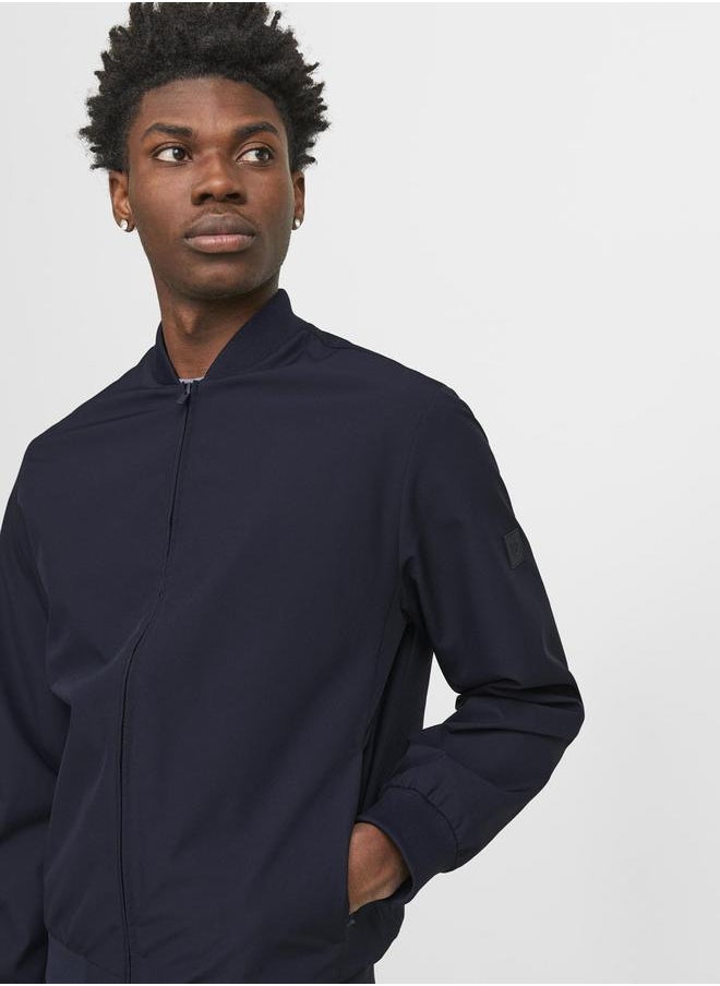 Solid Bomber Jacket with Ribbed Cuff