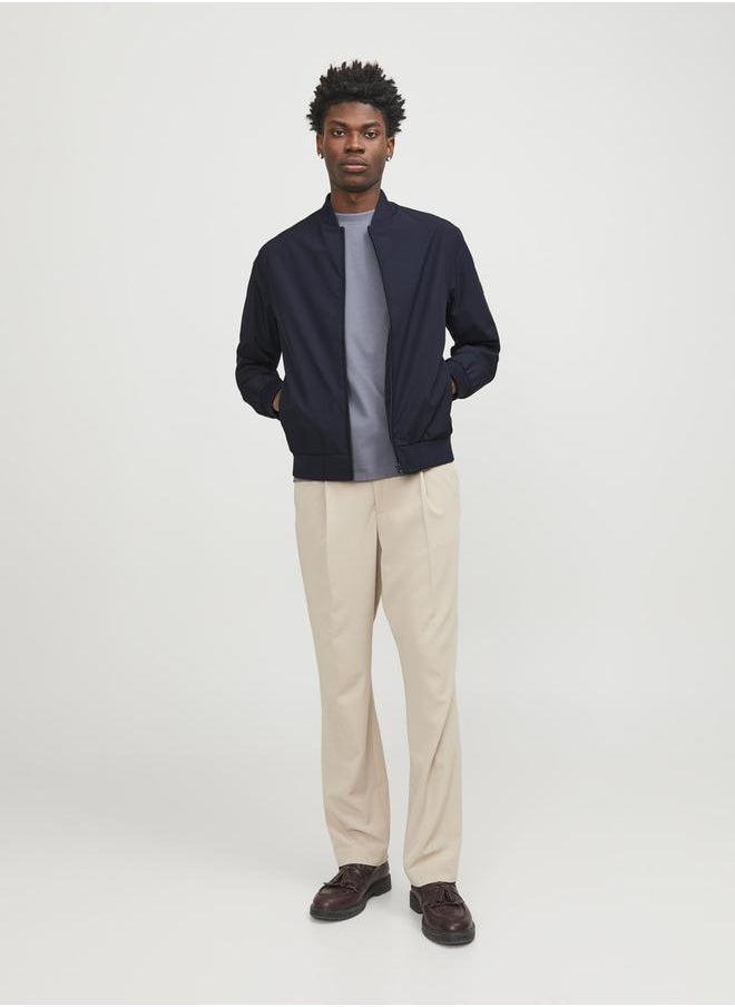 Solid Bomber Jacket with Ribbed Cuff