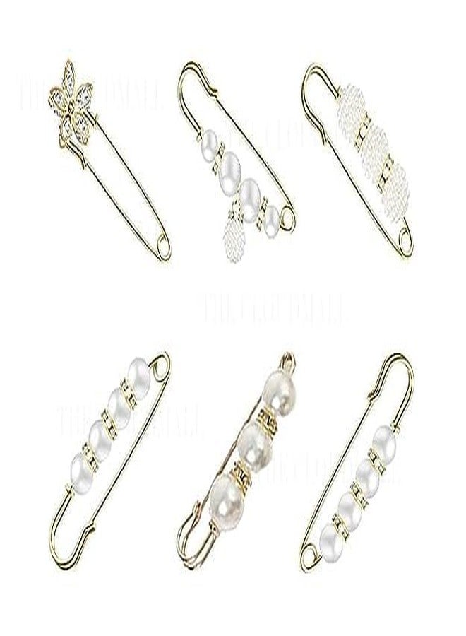 JAGDIV Artificial Pearl Brooch Pins Anti-Exposure Neckline Safety Pins Sweater Shawl Clips for Women Girls Wedding Party Decorations (6 Pcs Sari pin) - Image 1