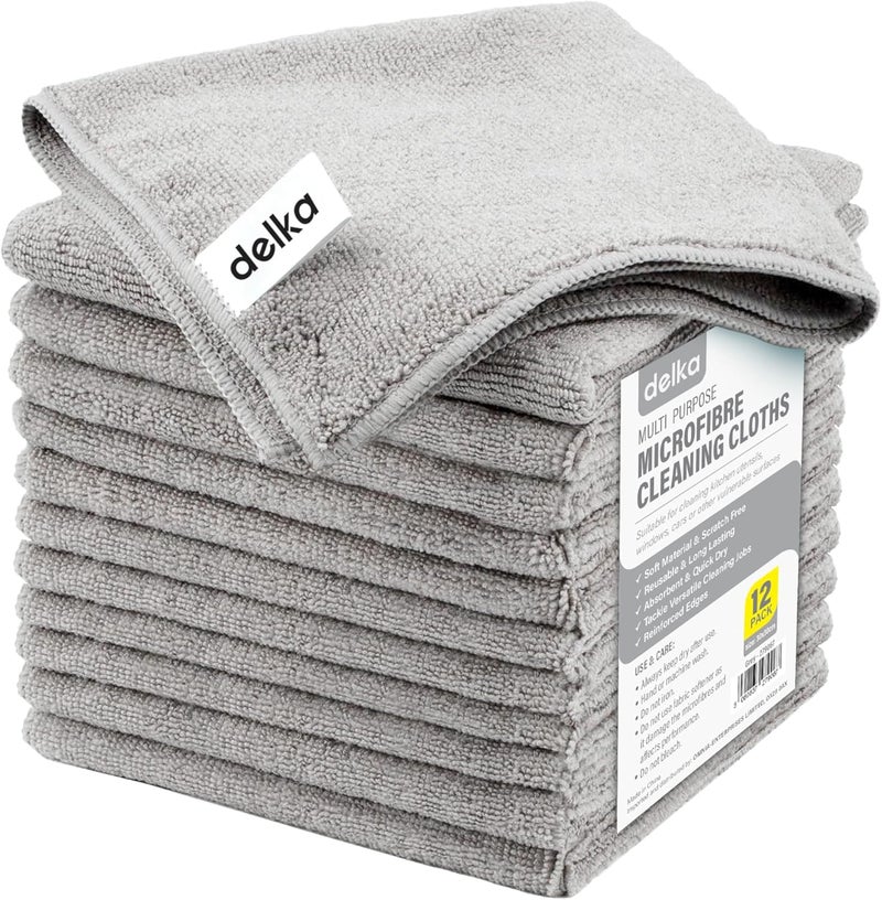 delka Microfibre Cleaning Cloths – Multi-Purpose, Ultra Soft & Lint-Free – Reusable, Streak-Free for Kitchen, Car, Glass, Windows & Electronics (Grey) - Image 1